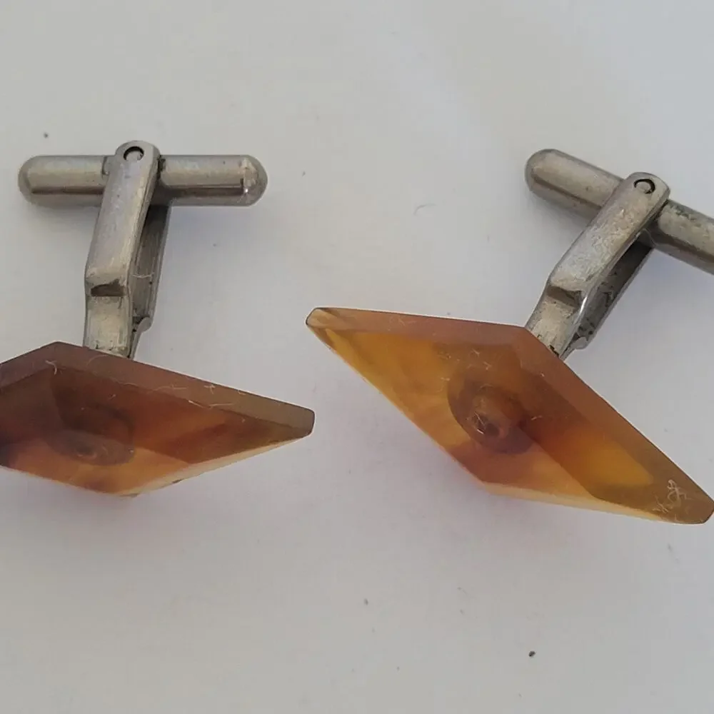 Silver Brown Turtoise Plastic Tone Cufflinks Vintage Trapezoid Retro Mid Century